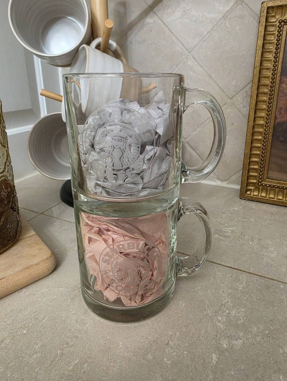 Starbucks Glass Coffee Mug Cup Etched Siren Mermaid Logo Set of 2